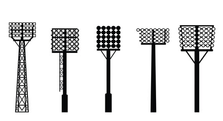 A collection of five different stadium floodlight tower silhouettes used for sports field lighting © ARSM D