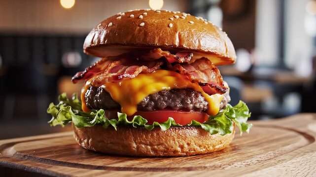 Juicy bacon cheeseburger with fresh lettuce and tomato on a wooden board, close-up view