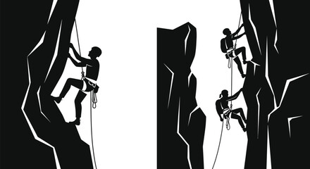 Black and white silhouette illustration of three people rock climbing on steep mountain cliff faces © ARSM D