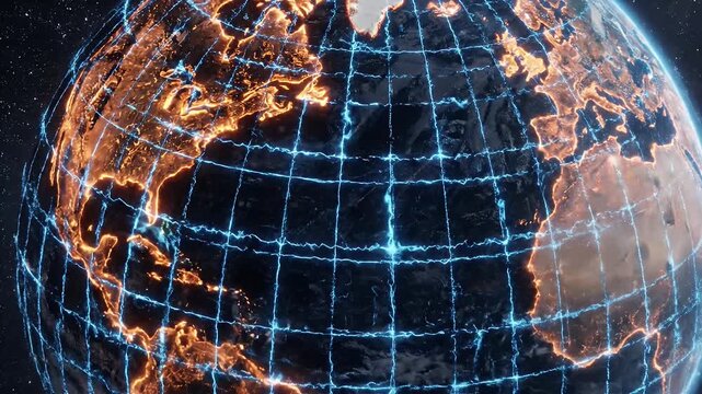 Glowing Earth with glowing gridlines in dark starry space