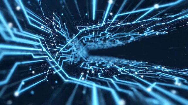 Abstract digital tunnel with glowing blue circuits and bright nodes