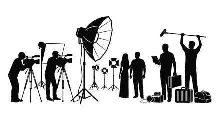 Black silhouettes of a professional film production crew working on a busy studio movie film set © ARSM D