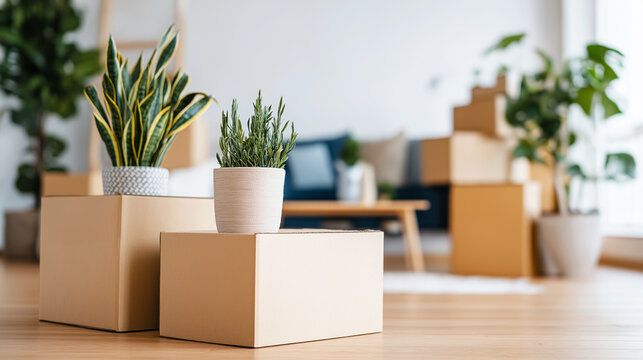 Boxes filled with moving items and vibrant potted plants waiting to be unpacked and used to beautify a fresh living space in a new home or apartment