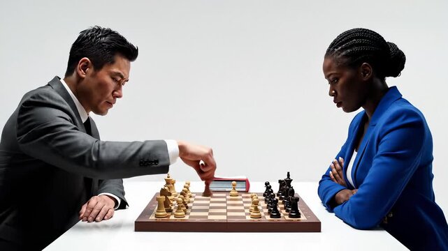 Two Business People Playing Chess Strategically in a Modern Office Setting