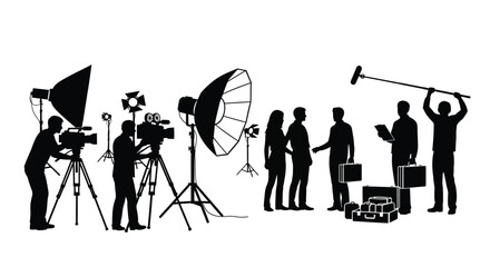 A silhouette collection of professional film crew members working with cameras and lighting gear © ARSM D
