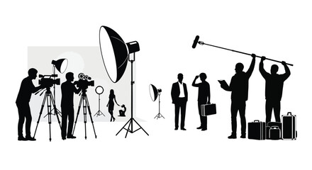 A professional film production crew working on a set with cameras lighting and audio boom equipment © ARSM D