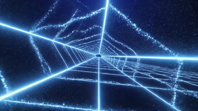 Infinite blue neon light tunnel, perspective, abstract, digital art