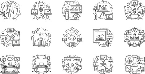 Obraz premium Business strategy and teamwork line icon set with analytics, leadership, collaboration, startup planning and corporate management vector illustration