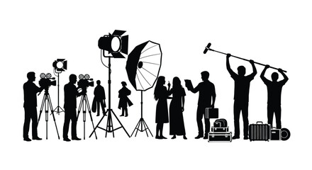 Black silhouette group of professional film crew members working on a busy video production set © ARSM D