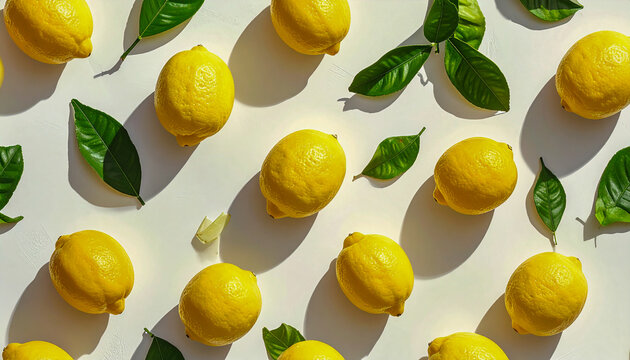 Patr&oacute;n repetitivo de limones amarillos con hojas verdes. Fondo veraniego brillante ideal para dise&ntilde;o culinario, textil o packaging.
