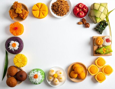 Traditional Malay kuih muih assortment and decorative ketupat framing a vibrant Hari Raya celebration spread, showcasing an array of festive culinary delights