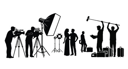 A silhouette collection of professional film production crew members working on a movie set scene © ARSM D