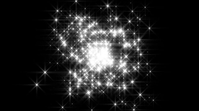 Magical twinkling glitter stars with white sparkle particles and glowing fairy dust trail, shining starburst flashes and festive shimmer animation on black background seamless 4K