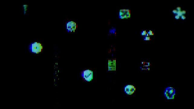 Icons of datamosh failures with a shift. User interface elements with abstract digital distortion.