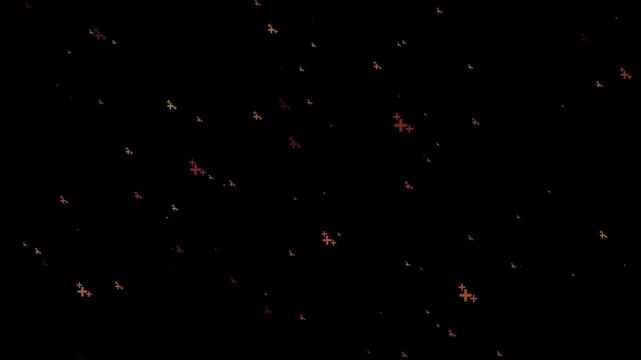 Scattered pixelated plus symbols in shades of deep red yellow and orange against a solid black background creating a sparse abstract pattern with varying sizes and densities of the small shapes and