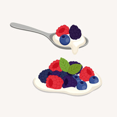 Spoonful of Greek Yogurt with Mixed Berries and Mint Leaf © Akasha Design