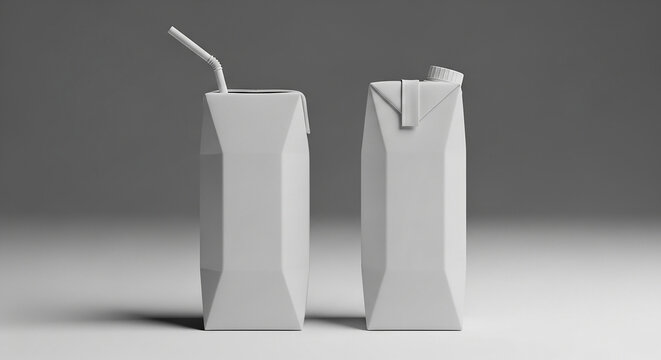 Two minimalist white beverage cartons stand side by side showcasing different closure options one with a straw inserted and the other featuring a plastic screw cap ready for branding mockups