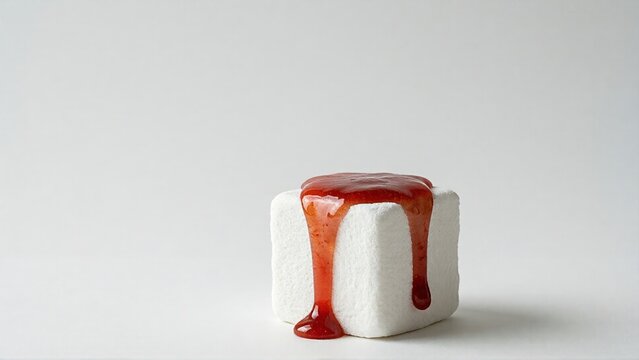 White marshmallow cube with glossy red jam dripping down