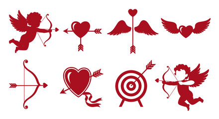 Obraz premium Red Cupid Angels Hearts Arrows Bows and Targets Vector Icons
