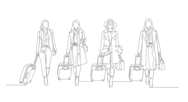 Black and white line art of fashionable women traveling with luggage