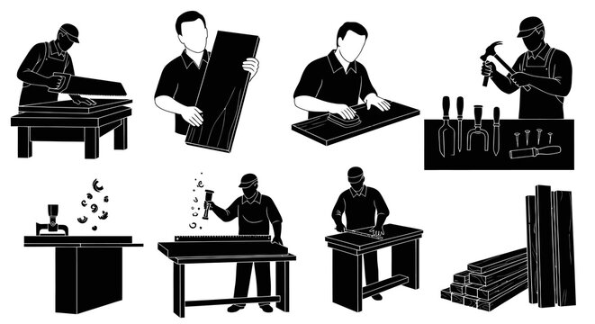 Black and White Silhouettes of Carpenters at Work with Wood and Tools
