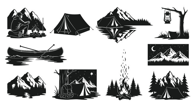 Camping And Hiking Vector Graphics: Tents, Campfire, Canoe, Mountains, Lantern