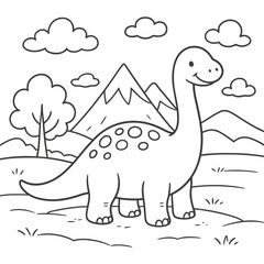 A smiling dinosaur stands in a mountainous landscape with trees and clouds