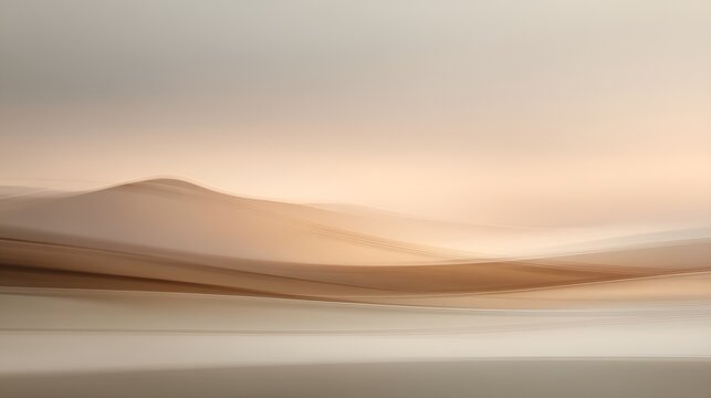Abstract desert landscape featuring undulating sand dunes in soft sepia tones, creating a tranquil minimalist scene with flowing lines and blended colors