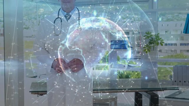 Vertical video: Doctor adjusting posture, activating hologram globe showing medical network data