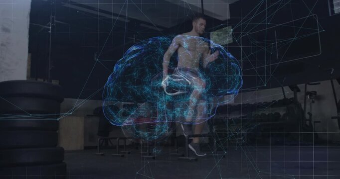 Man starting skips, lifting knees, shifting right while brain-grid overlaying torso for fitness