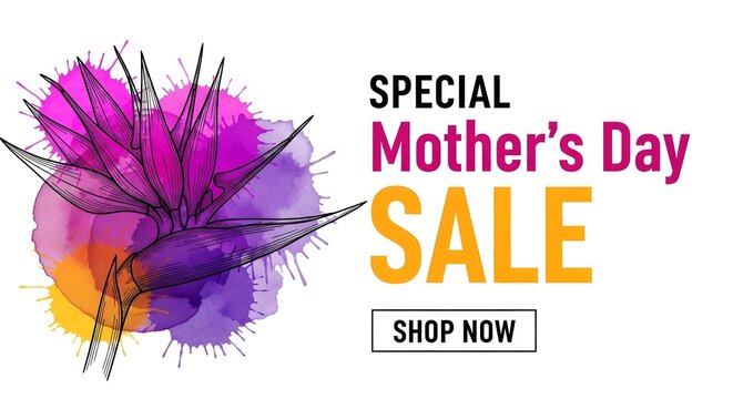 Vibrant mothers day sale advertisement with colorful watercolor design and shop now button on white background