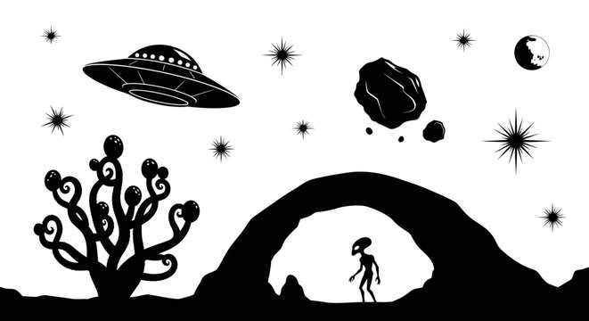 Black and White Sci-Fi Alien Landscape with UFO and Asteroids
