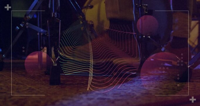 Waveform overlay fading in starting drummer's boot pressing pedal pink mallets rolling showing beat