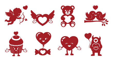 Obraz premium Valentine's Day Icons - Cute Hearts, Cupid, Teddy Bear, Cupcake, Monster