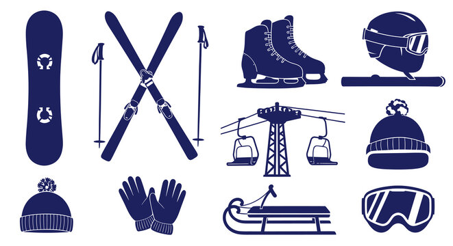 Winter Sports Gear Icons Set - Skiing, Snowboarding, Skating Flat Glyph