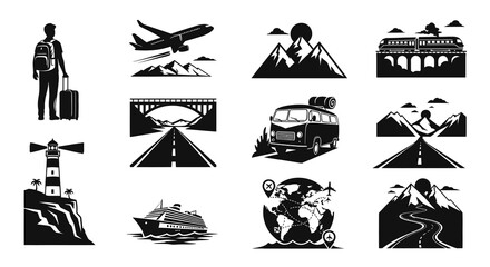 Obraz premium Travel Icons Black White Glyph - Airplane, Train, Bus, Ship, Road, Mountains