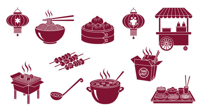 Chinese food icons in silhouette, dim sum, noodles, street food