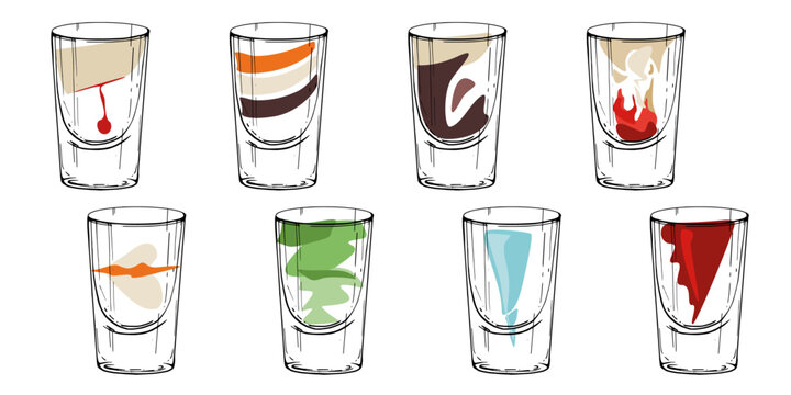 Vector mix of alcoholic cocktail shots, glasses hand drawn in ink, classic colors, recognizable fill. Slippery nipple, B-52, coffee or dark beer, Brain Hemorrhage, Kamikaze, Flatliner and Appletini.