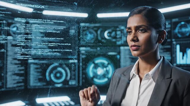 Professional figure standing before holographic screens, futuristic control room, glowing data visualizations, programming code, advanced technology, immersive environment, digital systems, innovation