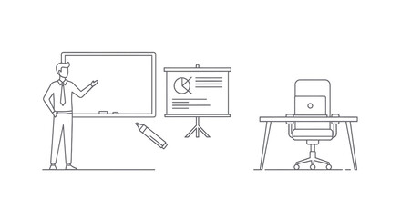 Fototapeta premium Business Presentation Line Art: Man, Whiteboard, Flipchart, Desk, Laptop