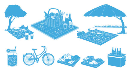 Naklejka premium Picnic Scene - Food, Drinks, Bicycle, Umbrella - Blue Line Art