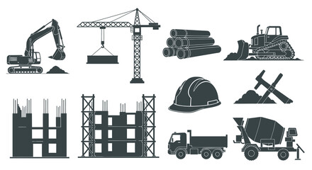 Obraz premium Construction Equipment Icons - Black White Glyph Vector Set