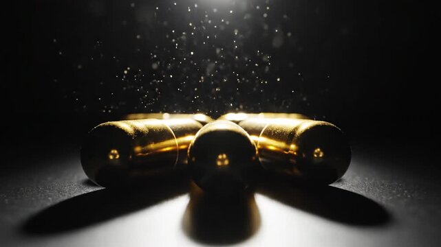Golden Pills in Spotlight \'96 dramatic pharmaceutical concept staged in a dark minimalist studio, a small cluster of metallic gold capsules resting on a matte black surface, a single intense