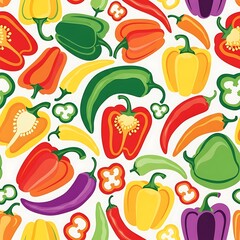 Fototapeta premium Vibrant collection of bell peppers and chili peppers displayed in a continuous, colorful pattern