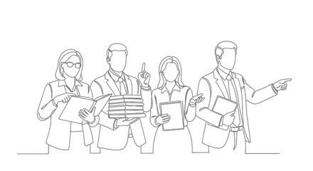 Obraz premium Business Team Concept, People Holding Books, Documents, Pointing, Line Art