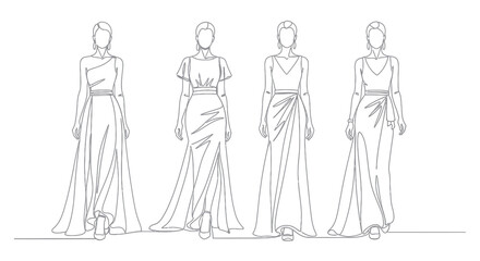 Obraz premium Black and White Line Art Fashion Models in Evening Gowns