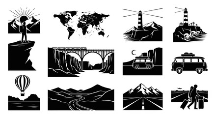 Obraz premium Travel Icons Set: Adventure, Transportation, Landscapes, and Destinations