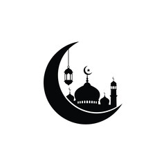 Obraz premium Ramadan celebration with mosque silhouette under crescent moon and lantern