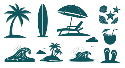 Obraz premium Summer Beach Vacation Vector Silhouette Icon Set with Palm Tree Waves and Surfboard