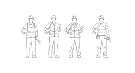Obraz premium Construction Workers Line Art - Men Holding Helmets Tools, Vector